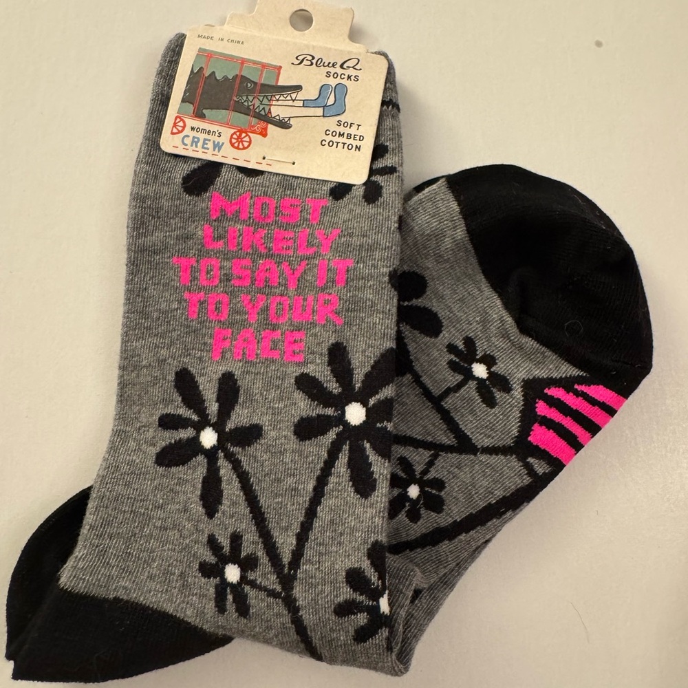 Blue Q Gray and Black Crew Socks with Pink Accents New flowers BB22